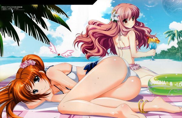 Anime picture 3500x2277 with mahou shoujo lyrical nanoha zero no tsukaima j.c. staff takamachi nanoha louise francoise le blanc de la valliere higa yukari long hair blush highres blue eyes light erotic smile red eyes multiple girls pink hair absurdres sky cloud (clouds) lying looking back