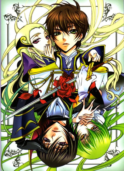 Anime picture 1379x1895 with code geass sunrise (studio) c.c. lelouch lamperouge kururugi suzaku v.v. long hair tall image looking at viewer fringe short hair black hair blonde hair red eyes brown hair purple eyes multiple girls green eyes yellow eyes green hair