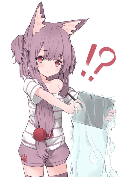 Anime picture 771x1096 with original paryi single long hair tall image looking at viewer blush fringe simple background hair between eyes red eyes standing white background holding animal ears purple hair head tilt cat ears off shoulder short sleeves