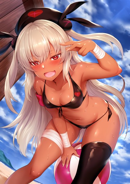 Anime picture 2894x4093 with virtual youtuber sana channel natori sana mdastarou single long hair tall image looking at viewer blush fringe highres breasts open mouth light erotic smile hair between eyes red eyes bare shoulders holding sky