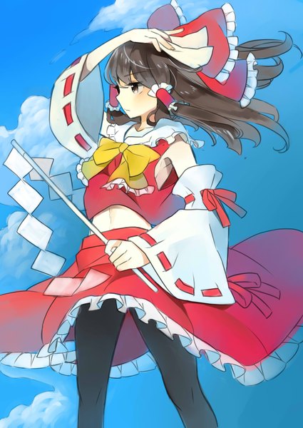 Anime picture 2507x3541 with touhou hakurei reimu mugicha0929 single long hair tall image blush highres brown hair brown eyes sky cloud (clouds) profile bare belly girl skirt navel bow hair bow detached sleeves