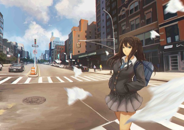 Anime picture 4961x3508 with idolmaster idolmaster cinderella girls shibuya rin kuon (kwonchanji) long hair looking at viewer fringe highres brown hair absurdres sky cloud (clouds) pleated skirt wind open collar hands in pockets street crosswalk girl skirt