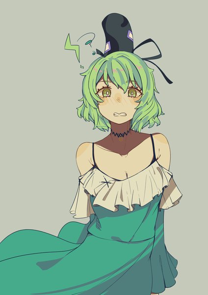 Anime picture 2481x3508 with touhou soga no tojiko ai ken single tall image looking at viewer highres short hair simple background smile bare shoulders green eyes green hair grey background grin adapted costume girl dress hat choker