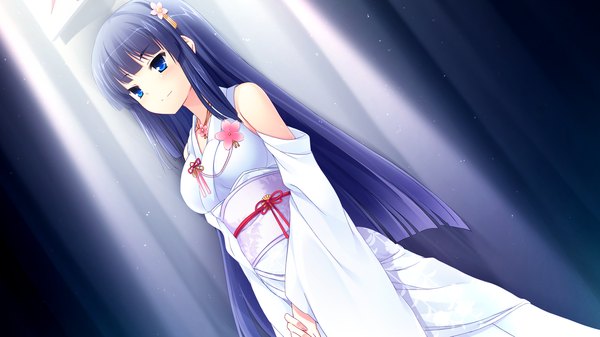 Anime picture 2560x1440 with love la bride mikami haruka mutou kurihito long hair highres blue eyes black hair wide image bare shoulders game cg traditional clothes japanese clothes girl kimono obi