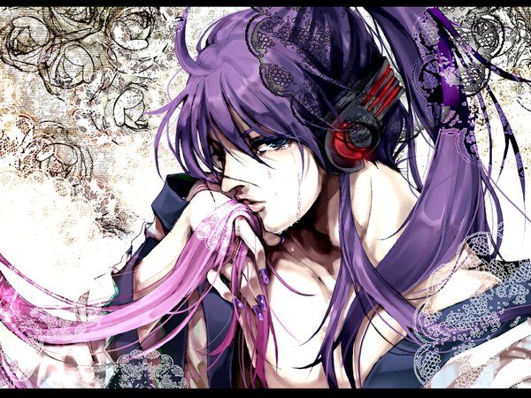 Anime picture 1024x768 with vocaloid megurine luka kamui gakupo akiakane long hair blue eyes pink hair purple hair ponytail nail polish tears girl boy headphones