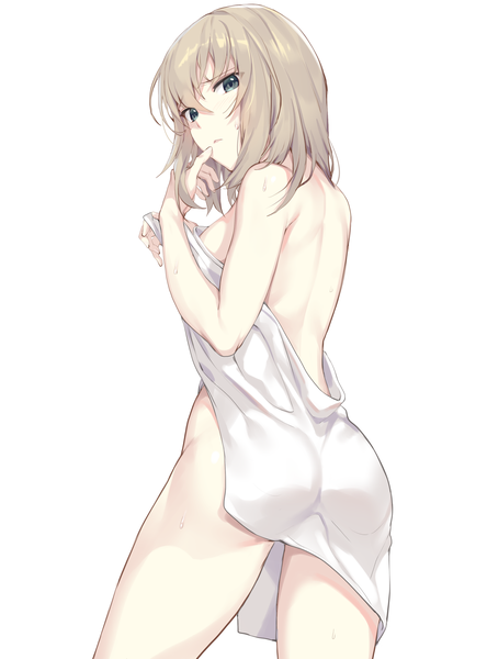 Anime picture 2756x3720 with girls und panzer itsumi erika ikomochi single long hair tall image looking at viewer blush fringe highres breasts light erotic simple background blonde hair hair between eyes standing white background ass looking back from behind