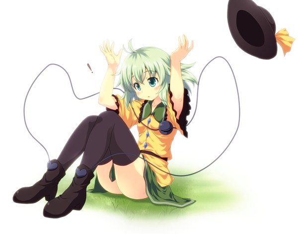 Anime picture 1702x1335 with touhou komeiji koishi yamasan single highres short hair light erotic simple background white background sitting green eyes green hair hat removed headwear removed girl thighhighs black thighhighs hat boots