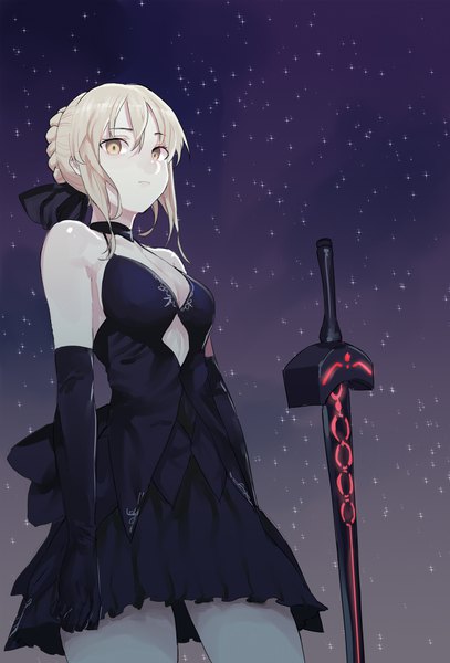 Anime picture 1200x1766 with fate (series) fate/grand order fate/stay night artoria pendragon (all) saber saber alter pinch (nesume) single tall image looking at viewer fringe short hair breasts blonde hair hair between eyes standing bare shoulders yellow eyes cleavage outdoors