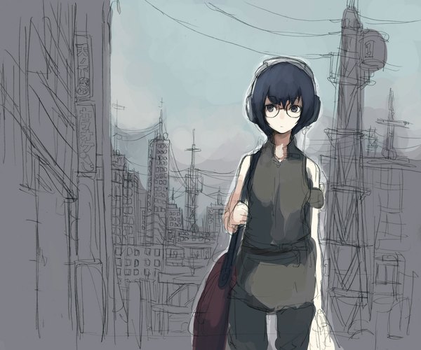 Anime picture 1159x966 with original kasa short hair black hair bare shoulders grey eyes city drawing girl glasses headphones bag skyscraper
