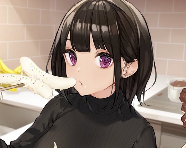 Anime picture 1024x818 with original takenoko no you single looking at viewer short hair black hair purple eyes upper body indoors :o valentine girl turtleneck chocolate banana