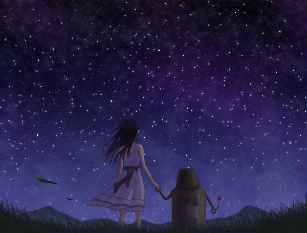 Anime picture 891x677 with original tanpaku-chan single long hair black hair standing bare shoulders outdoors wind from behind night night sky sleeveless couple back holding hands horizon mountain girl dress