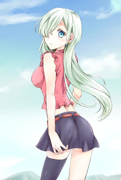Anime picture 1377x2039 with nanatsu no taizai a-1 pictures elizabeth liones tomozero single long hair tall image blush fringe blue eyes light erotic sky cloud (clouds) white hair looking back hair over one eye girl thighhighs skirt earrings