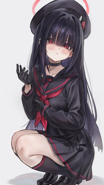 Anime picture 2084x3680 with blue archive justice committee club member (blue archive) origonz single long hair tall image looking at viewer blush fringe highres black hair simple background red eyes blunt bangs grey background squat girl gloves uniform choker