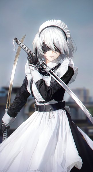 Anime picture 1098x2035 with nier nier:automata yorha no. 2 type b jinone single tall image fringe short hair hair between eyes standing holding sky upper body outdoors white hair long sleeves parted lips arm up mole maid