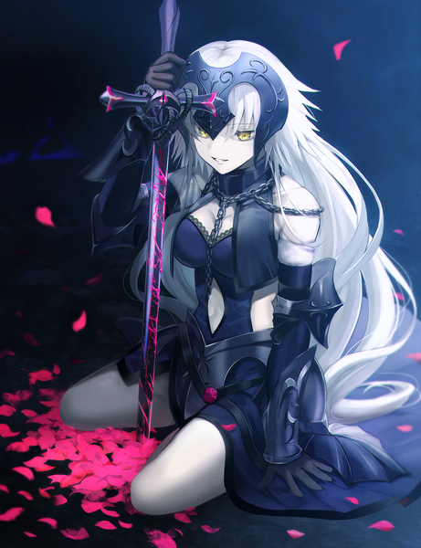 Anime picture 1200x1560 with fate (series) fate/grand order jeanne d'arc (fate) (all) jeanne d'arc alter (fate) jeanne d'arc alter (avenger) (third ascension) (fate) onk (kkkarb) single long hair tall image fringe breasts light erotic simple background smile large breasts sitting bare shoulders holding yellow eyes silver hair