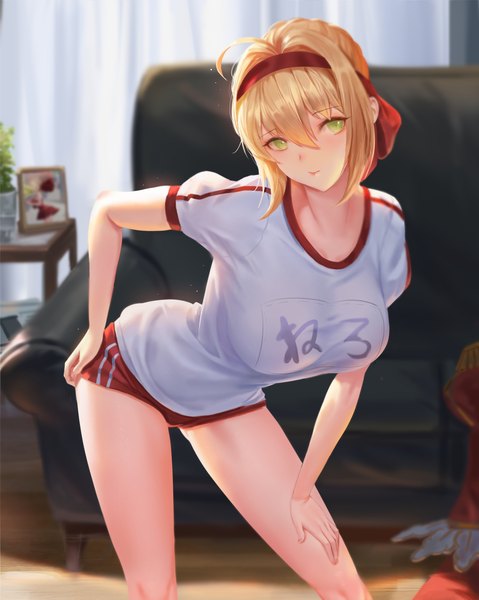 Anime picture 970x1215 with fate (series) fate/grand order nero claudius (fate) (all) nero claudius (fate) dongfangzhong111 single tall image looking at viewer fringe short hair breasts light erotic blonde hair hair between eyes large breasts standing green eyes payot ahoge indoors