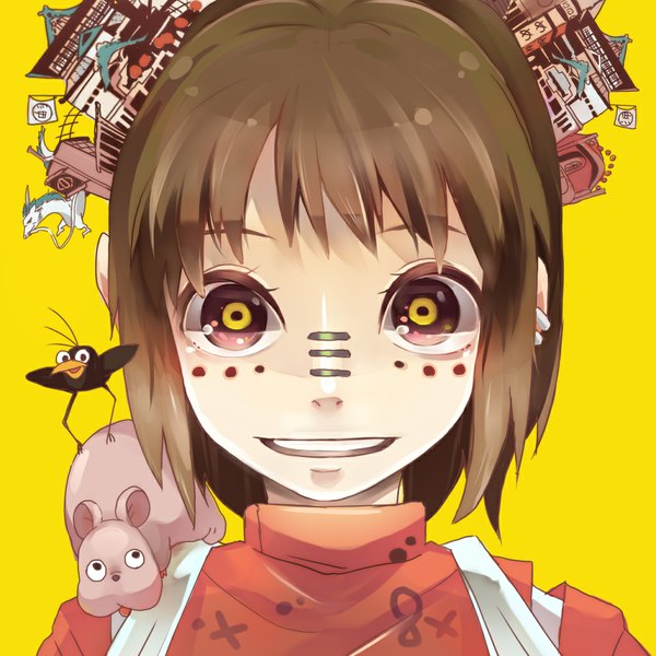 Anime picture 1024x1024 with spirited away vocaloid studio ghibli matryoshka (vocaloid) ogino chihiro boh musou yuchi short hair smile brown hair close-up face yellow background multicolored eyes face paint parody girl animal bird (birds) building (buildings)