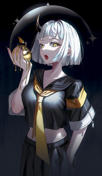 Anime picture 4000x6903 with original noubin single tall image looking at viewer fringe highres short hair breasts open mouth simple background standing holding yellow eyes absurdres white hair blunt bangs nail polish pleated skirt arm up