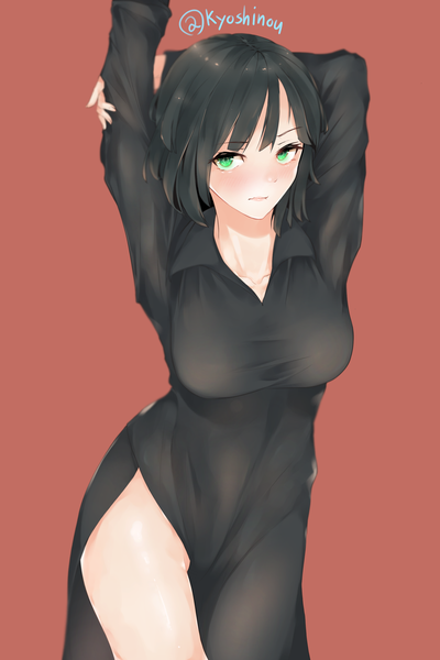 Anime picture 1800x2700 with one-punch man madhouse fubuki (one-punch man) hplay (kyoshinou) single tall image looking at viewer blush fringe highres short hair breasts light erotic black hair simple background large breasts green eyes signed arm up fingernails