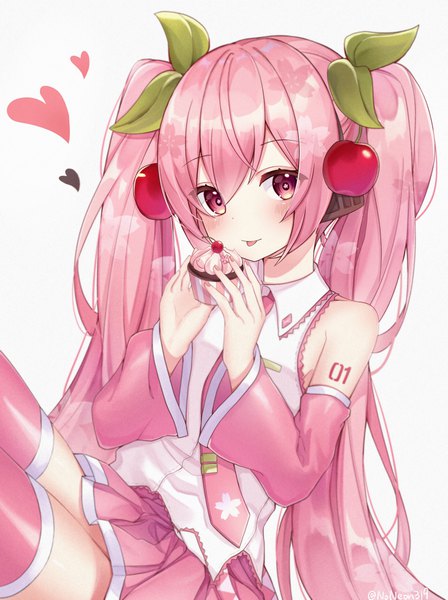 Anime picture 2830x3789 with vocaloid hatsune miku sakura miku noneon319 single long hair tall image looking at viewer blush fringe highres simple background hair between eyes white background sitting twintails pink hair pleated skirt pink eyes girl