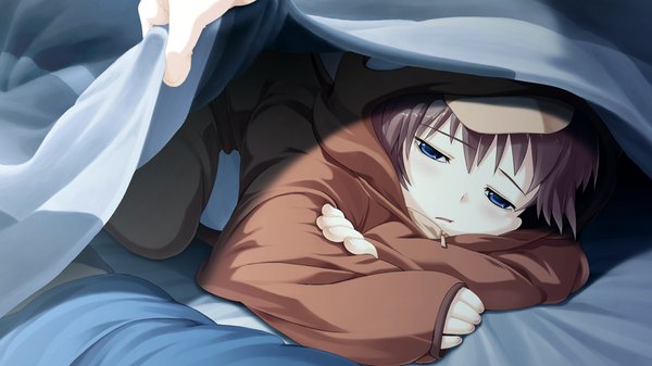 Anime picture 1024x576 with suigetsu 2 short hair blue eyes brown hair wide image game cg girl child (children) pajamas