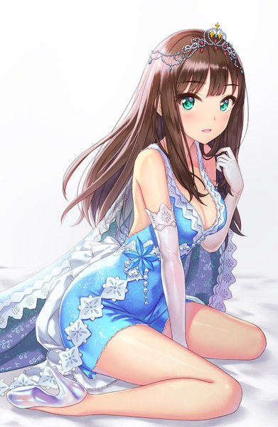 Anime picture 978x1500 with idolmaster idolmaster cinderella girls shibuya rin hhama single long hair tall image looking at viewer blush fringe breasts open mouth simple background smile brown hair white background sitting bare shoulders green eyes payot