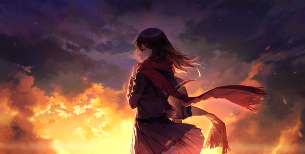 Anime picture 2456x1240 with kagerou project shaft (studio) tateyama ayano ayan single long hair fringe highres red eyes brown hair wide image standing looking away sky cloud (clouds) ahoge outdoors long sleeves profile pleated skirt