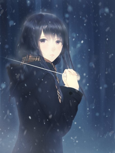 Anime picture 900x1200 with original porigon single long hair tall image looking at viewer black hair brown eyes snowing winter girl scarf coat
