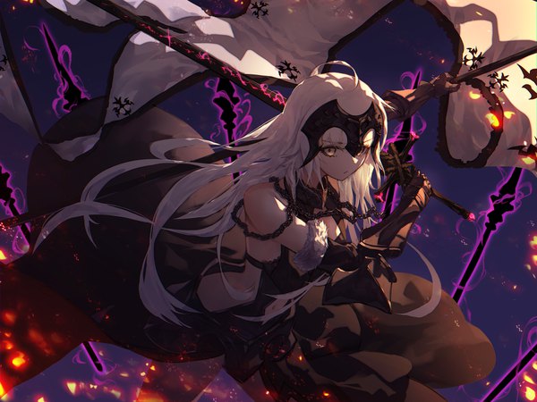 Anime picture 4000x3000 with fate (series) fate/grand order jeanne d'arc (fate) (all) jeanne d'arc alter (fate) jeanne d'arc alter (avenger) (third ascension) (fate) godoju single long hair looking at viewer fringe highres bare shoulders holding yellow eyes absurdres silver hair ahoge from above dutch angle fur trim