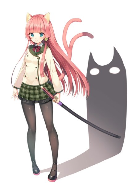 Anime picture 736x1000 with original ichijou kokona midorikawa you single long hair tall image looking at viewer blush blue eyes simple background standing white background holding animal ears pink hair tail animal tail cat ears shadow cat tail