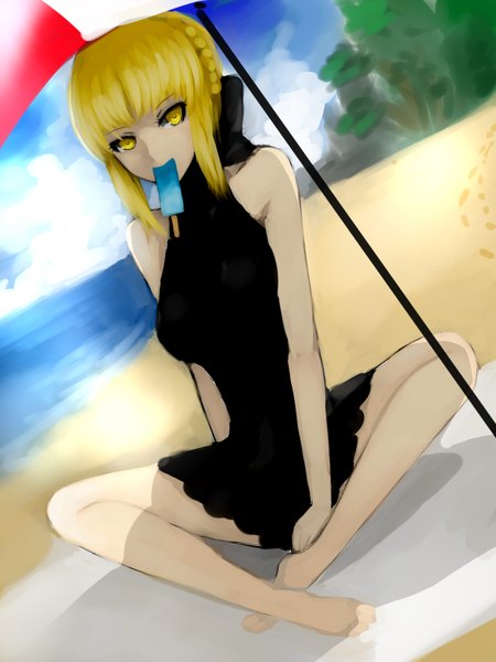 Anime picture 1200x1600 with fate (series) fate/stay night studio deen type-moon artoria pendragon (all) saber saber alter single tall image fringe blonde hair yellow eyes barefoot bare legs alternate costume mouth hold girl dress food sweets