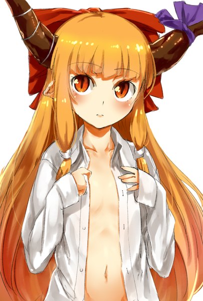 Anime picture 1181x1748 with touhou ibuki suika nishiuri (artist) single long hair tall image blush breasts light erotic simple background blonde hair red eyes white background horn (horns) pointy ears open clothes open shirt flat chest looking up slit pupils