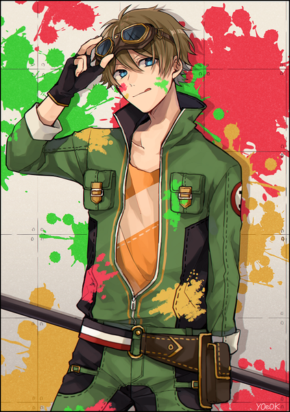 Anime picture 565x800 with ensemble stars! takamine midori y0e0k single tall image looking at viewer fringe short hair blue eyes hair between eyes brown hair standing signed :q goggles on head unzipped boy gloves black gloves tongue