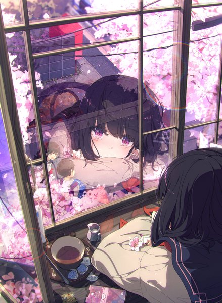 Anime-Bild 2994x4096 mit original ogipote tall image blush highres black hair multiple girls holding indoors long sleeves pink eyes cherry blossoms lens flare reflection solo focus crossed arms sailor collar girl boy uniform