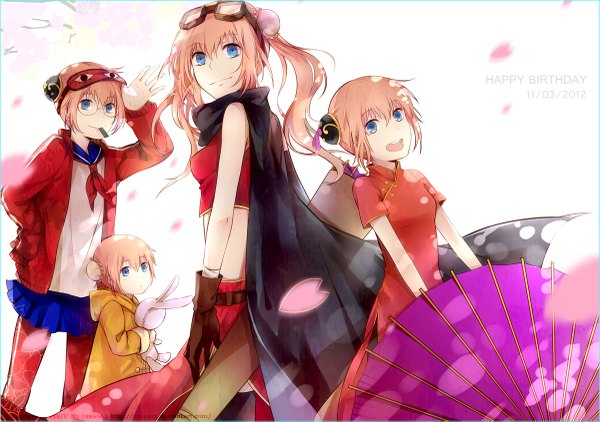 Anime picture 1200x845 with gintama sunrise (studio) kagura (gintama) zxs1103 long hair short hair open mouth blue eyes twintails multiple girls pink hair loli dated chinese clothes happy birthday multiple persona age progression girl gloves petals