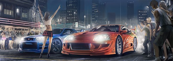 Anime picture 1450x513 with the fast and the furious toyota nissan shinjiro nobayashi long hair short hair wide image from behind night arms up high heels legs muscle girl boy skirt miniskirt shoes shorts building (buildings)