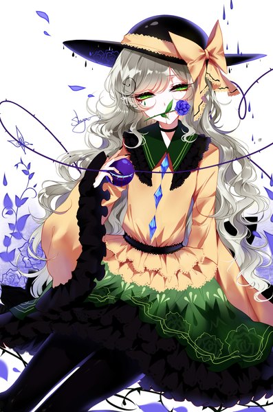 Anime picture 2150x3250 with touhou komeiji koishi sheya single long hair tall image looking at viewer highres white background sitting holding green eyes nail polish head tilt wide sleeves mouth hold alternate hairstyle black nail polish curly hair alternate hair length
