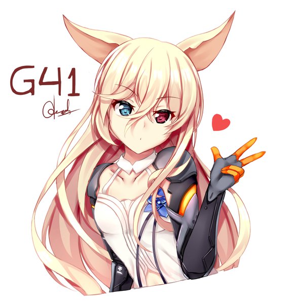 Anime picture 3000x3000 with girls frontline g41 (girls frontline) chrisandita single long hair looking at viewer fringe highres blue eyes simple background blonde hair hair between eyes red eyes white background signed animal ears upper body character names heterochromia girl