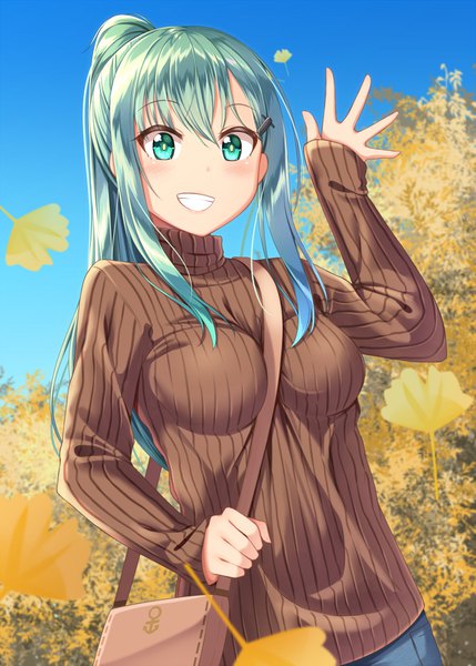 Anime picture 1300x1818 with kantai collection suzuya heavy cruiser gurande (g-size) single long hair tall image looking at viewer blush smile green eyes ponytail green hair girl leaf (leaves) bag turtleneck ginkgo