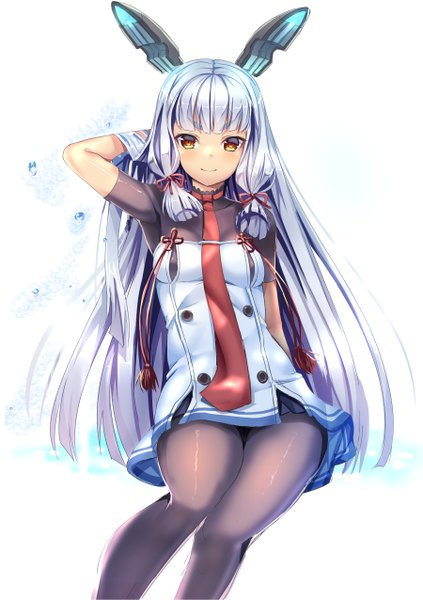 Anime-Bild 900x1275 mit kantai collection murakumo destroyer shimofuri single long hair tall image looking at viewer blush simple background smile white background sitting yellow eyes silver hair blunt bangs adjusting hair arm behind head tress ribbon remodel (kantai collection) girl