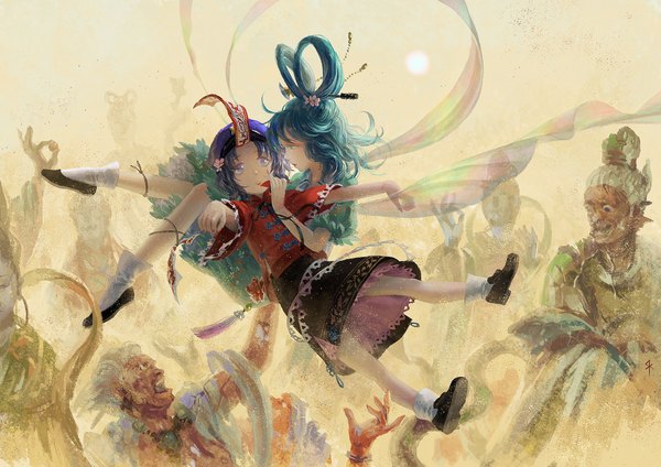 Anime picture 1107x783 with touhou kaku seiga miyako yoshika seeker long hair short hair blue eyes multiple girls blue hair purple hair nail polish traditional clothes japanese clothes fingernails long fingernails eyeshadow ghost weightlessness zombie girl