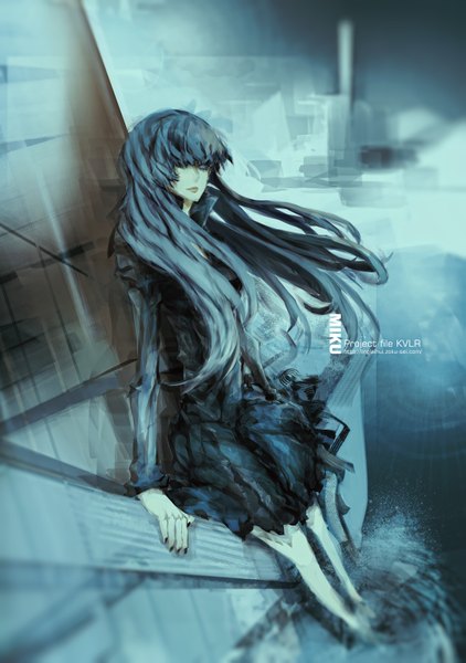 Anime picture 1079x1533 with vocaloid hatsune miku ying (artist) single long hair tall image fringe blue eyes sitting blue hair nail polish hair over one eye girl dress water