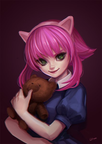 Anime picture 800x1132 with league of legends annie (league of legends) tibbers (league of legends) kaka cheung single long hair tall image looking at viewer simple background smile green eyes pink hair girl dress toy stuffed animal teddy bear