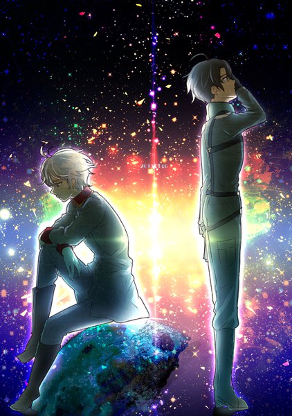 Anime picture 1055x1500 with aldnoah.zero a-1 pictures slaine troyard kaizuka inaho zerotted tall image fringe short hair black hair hair between eyes standing sitting looking away silver hair full body ahoge bent knee (knees) profile multiple boys sparkle