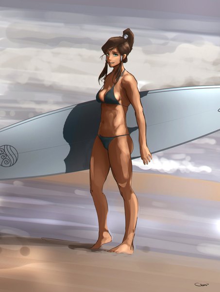 Anime picture 1280x1695 with avatar: the legend of korra korra darren geers single long hair tall image looking at viewer highres breasts blue eyes light erotic smile brown hair bare shoulders ponytail barefoot beach sketch surfing girl