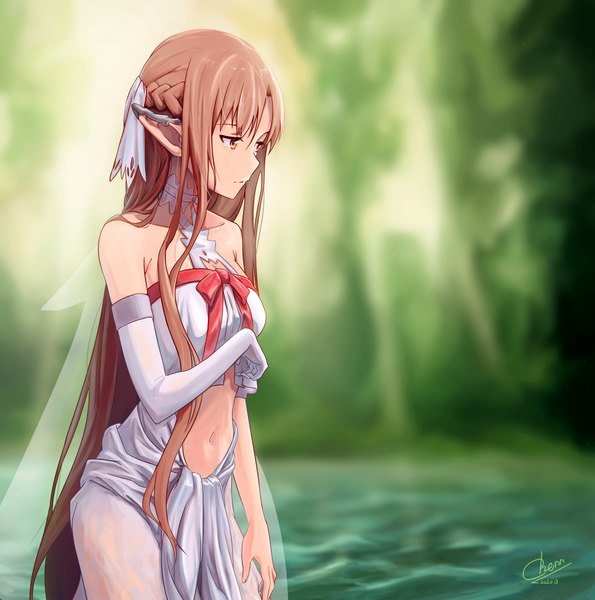 Anime picture 4280x4320 with sword art online a-1 pictures yuuki asuna titania (alo) saber chivalry single long hair tall image fringe highres breasts light erotic hair between eyes brown hair standing bare shoulders brown eyes signed payot looking away