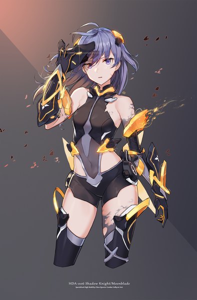 Anime picture 1183x1800 with honkai impact 3rd honkai (series) fu hua fu hua (shadow knight) aliceblue single long hair tall image looking at viewer blush fringe breasts open mouth light erotic simple background hair between eyes purple eyes bare shoulders holding signed