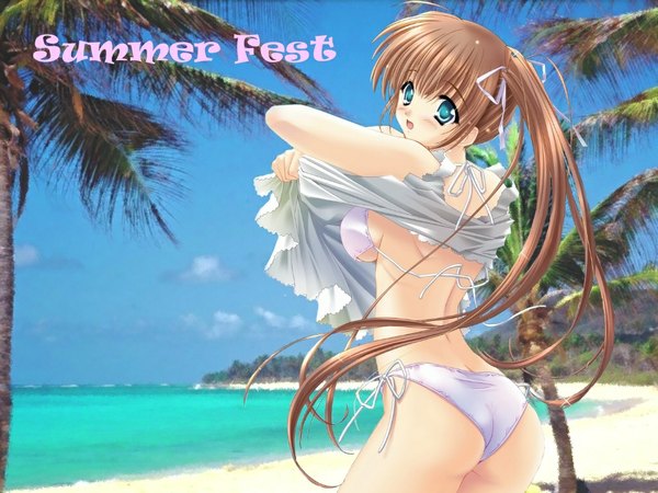 Anime picture 1024x768 with carnelian single light erotic brown hair ass ponytail aqua eyes wallpaper beach third-party edit butt crack swimsuit under clothes photo background girl dress swimsuit bikini