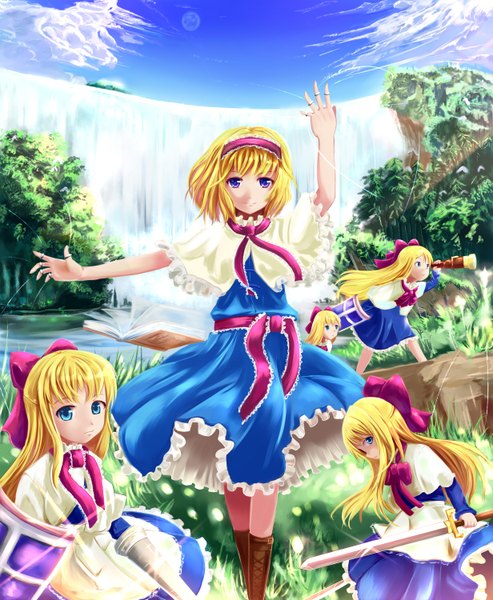 Anime picture 1232x1500 with touhou alice margatroid shanghai sakura ani tall image short hair blue eyes blonde hair multiple girls waterfall girl dress ribbon (ribbons) bow hair bow water boots hairband book (books) ring