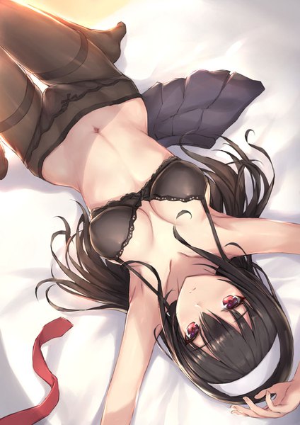 Anime picture 816x1155 with saenai heroine no sodatekata a-1 pictures kasumigaoka utaha parfaitlate single long hair tall image looking at viewer breasts light erotic black hair cleavage lying pink eyes on back dutch angle no shoes underwear only thigh gap girl